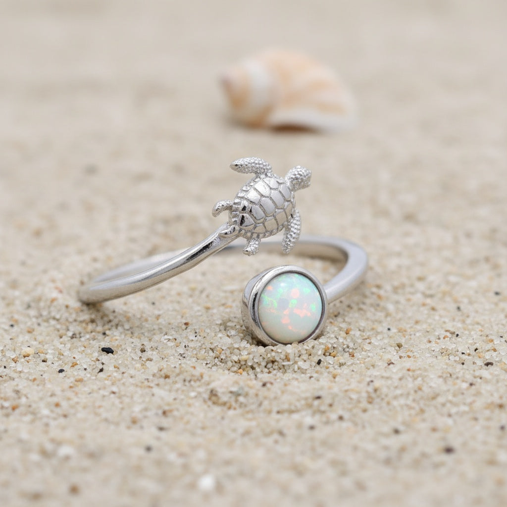 925 Sterling Silver Opal Stone Hawaiian Sea Turtle Adjustable Bypass Ring