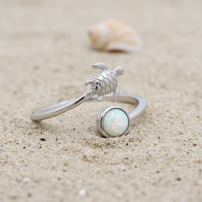 925 Sterling Silver Opal Stone Hawaiian Sea Turtle Adjustable Bypass Ring