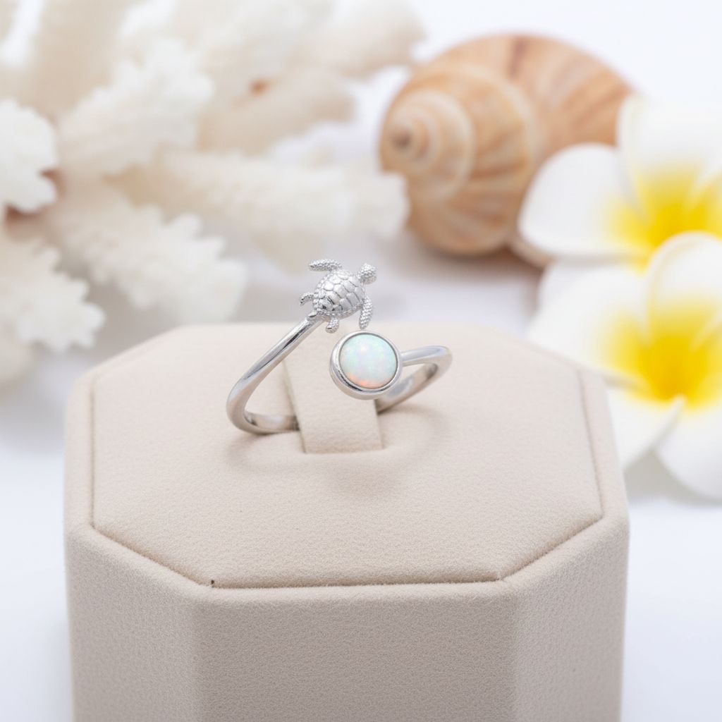 925 Sterling Silver Opal Stone Hawaiian Sea Turtle Adjustable Bypass Ring