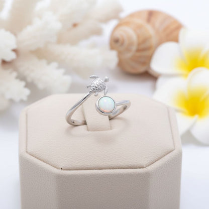 925 Sterling Silver Opal Stone Hawaiian Sea Turtle Adjustable Bypass Ring