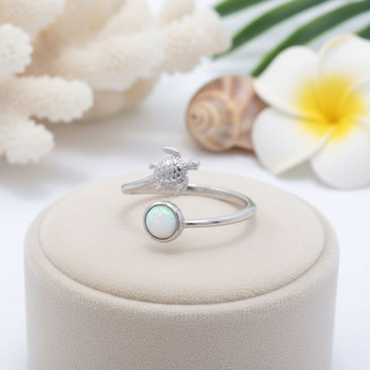 925 Sterling Silver Opal Stone Hawaiian Sea Turtle Adjustable Bypass Ring