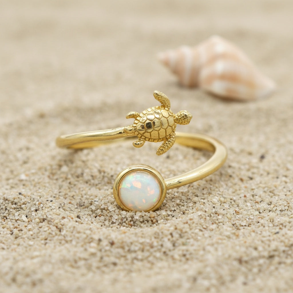 Hawaiian Sea Turtle Adjustable Opal Stone Bypass Ring - 14K Gold Plated 925 Sterling Silver
