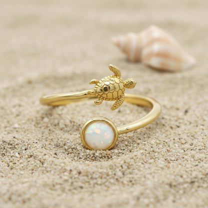 Hawaiian Sea Turtle Adjustable Opal Stone Bypass Ring - 14K Gold Plated 925 Sterling Silver