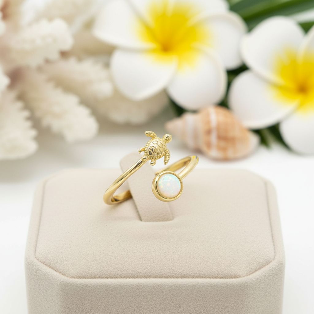 Hawaiian Sea Turtle Adjustable Opal Stone Bypass Ring - 14K Gold Plated 925 Sterling Silver