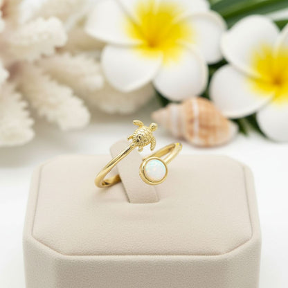 Hawaiian Sea Turtle Adjustable Opal Stone Bypass Ring - 14K Gold Plated 925 Sterling Silver