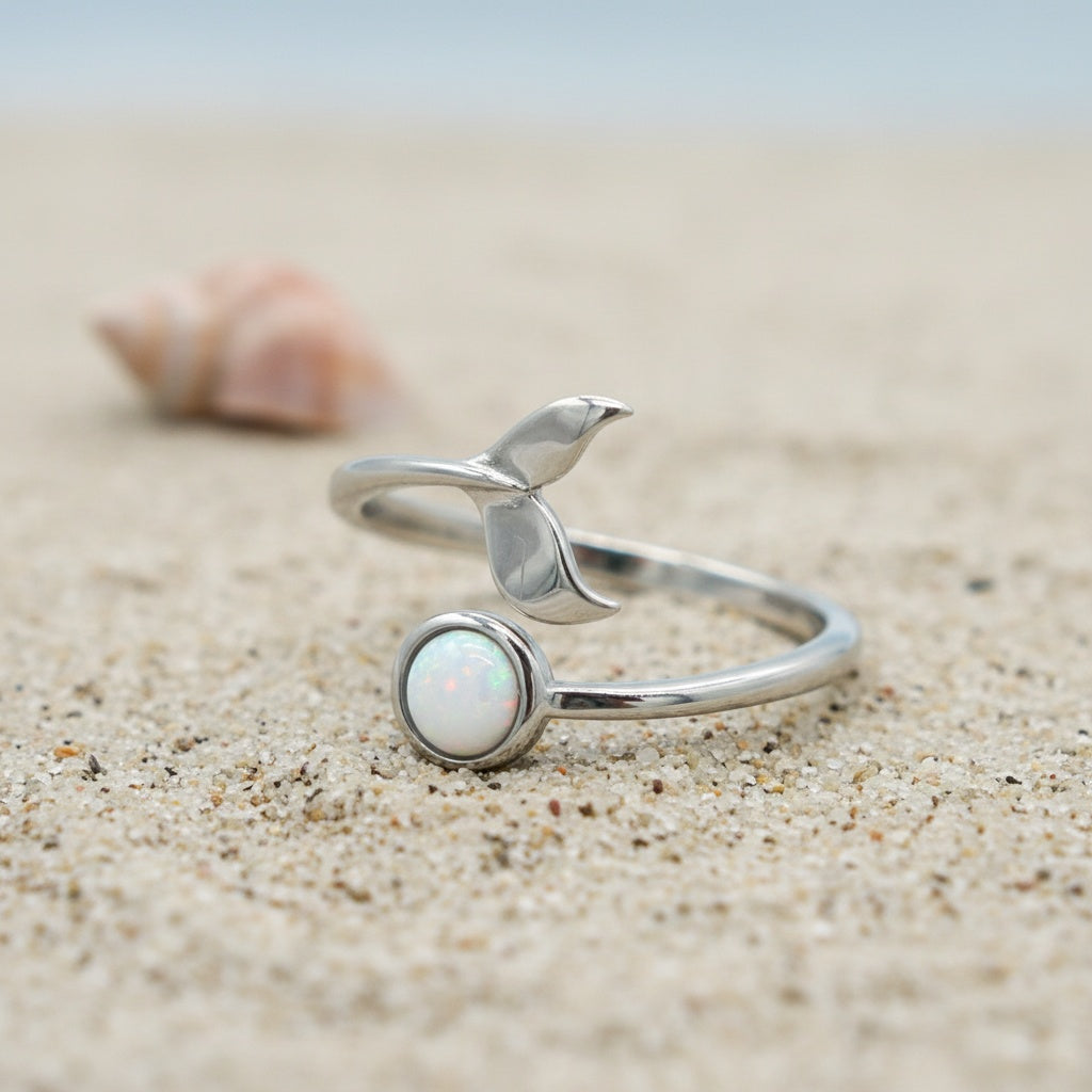 925 Sterling Silver Opal Stone Whale Tail Adjustable Bypass Ring