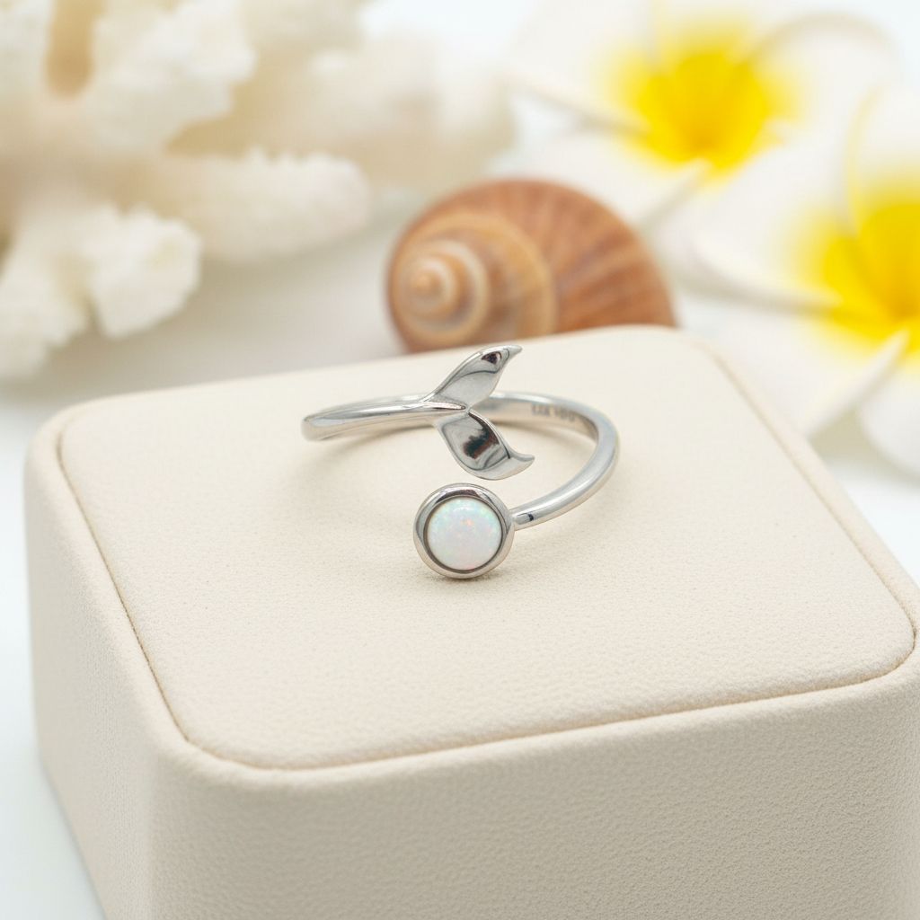 925 Sterling Silver Opal Stone Whale Tail Adjustable Bypass Ring