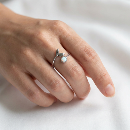 925 Sterling Silver Opal Stone Whale Tail Adjustable Bypass Ring