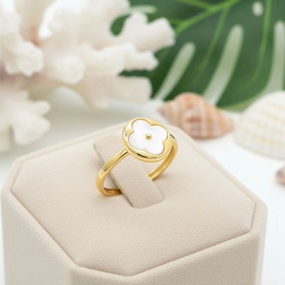 Mother of Pearl Clover Adjustable Ring - 14K Gold Plated 925 Sterling Silver