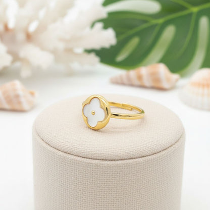 Mother of Pearl Clover Adjustable Ring - 14K Gold Plated 925 Sterling Silver