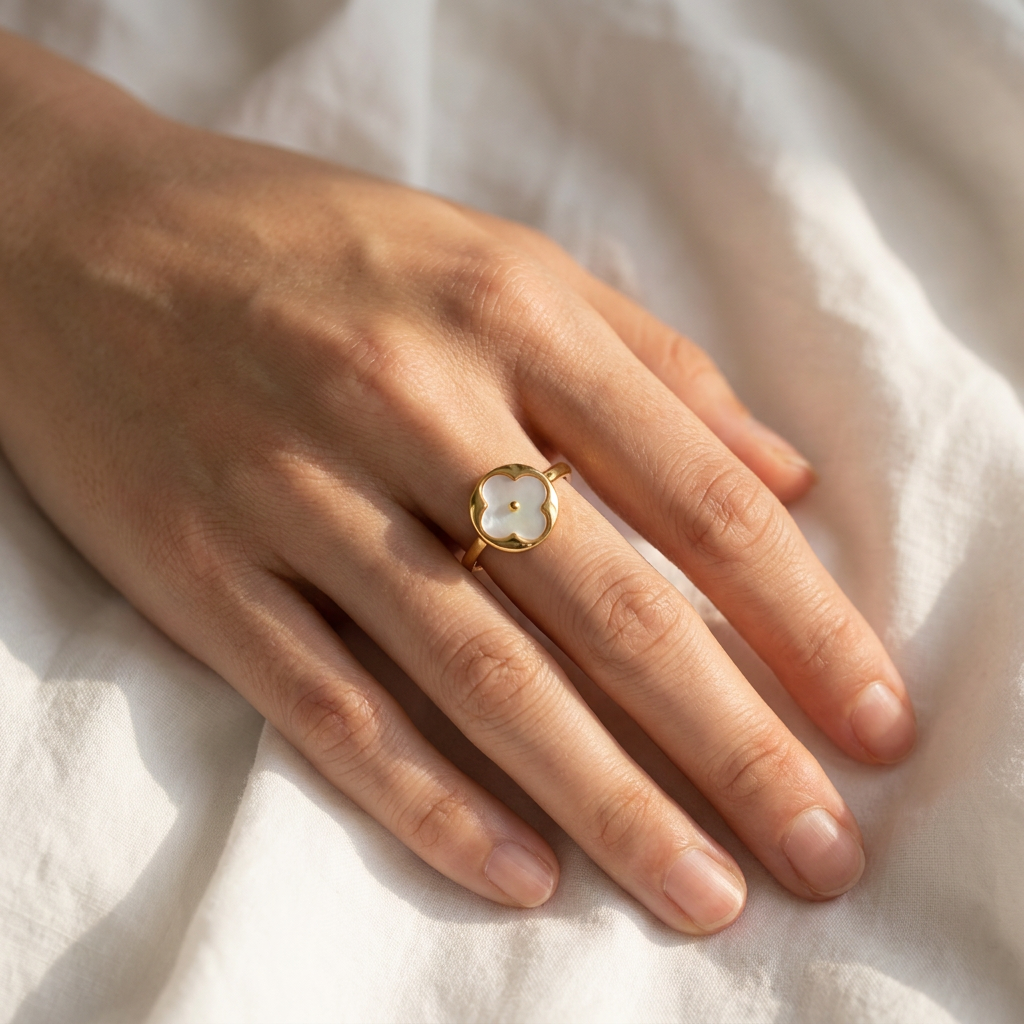 Mother of Pearl Clover Adjustable Ring - 14K Gold Plated 925 Sterling Silver