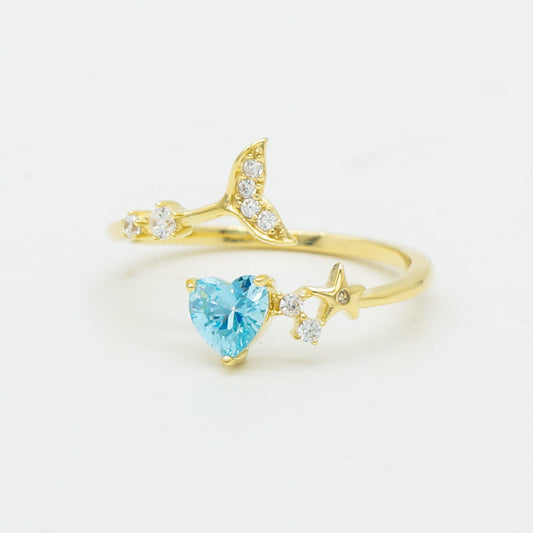 925 Sterling Silver Blue CZ Whale Tail Heart Adjustable Bypass Ring