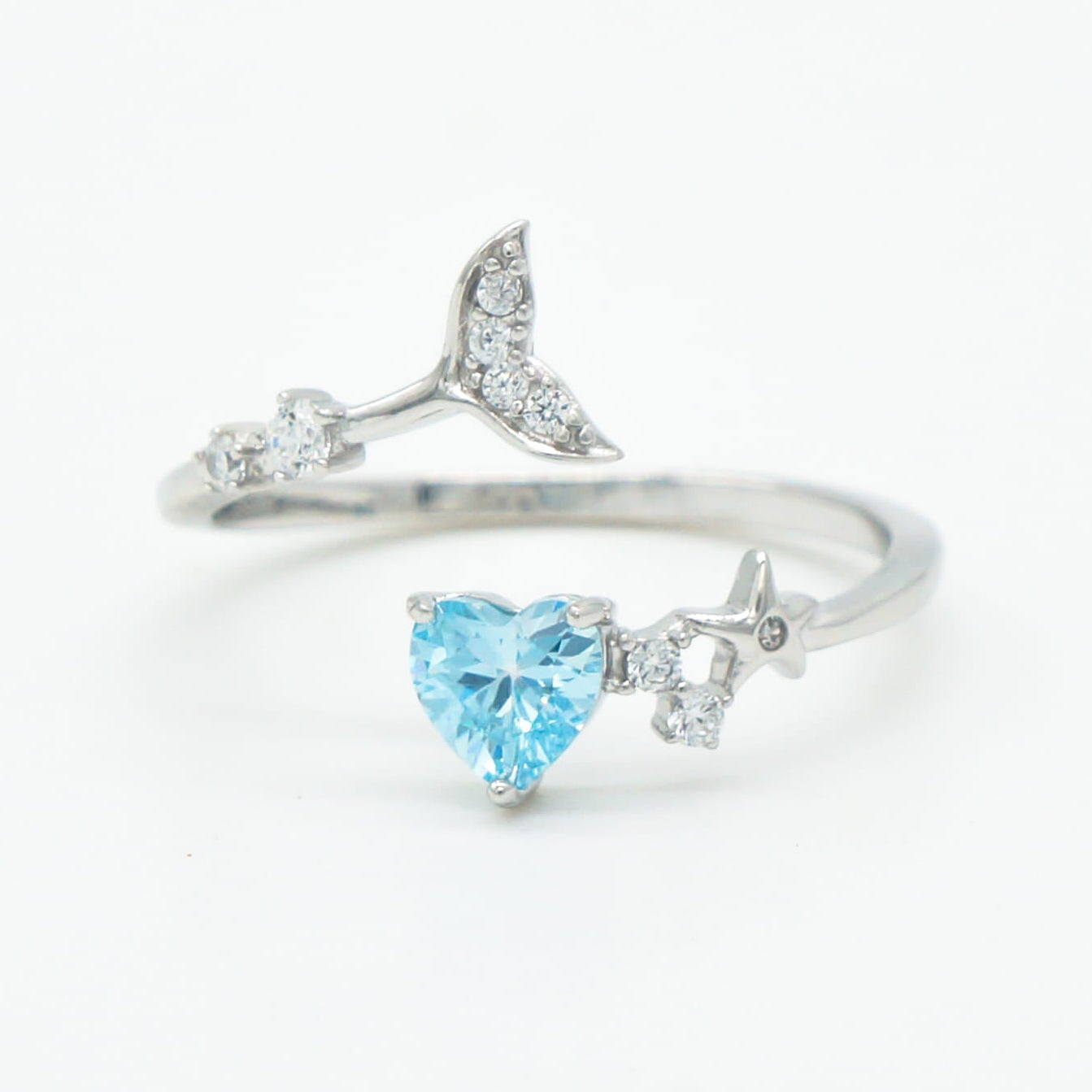 Whale Tail Heart Adjustable Bypass Ring - 925 Sterling Silver
