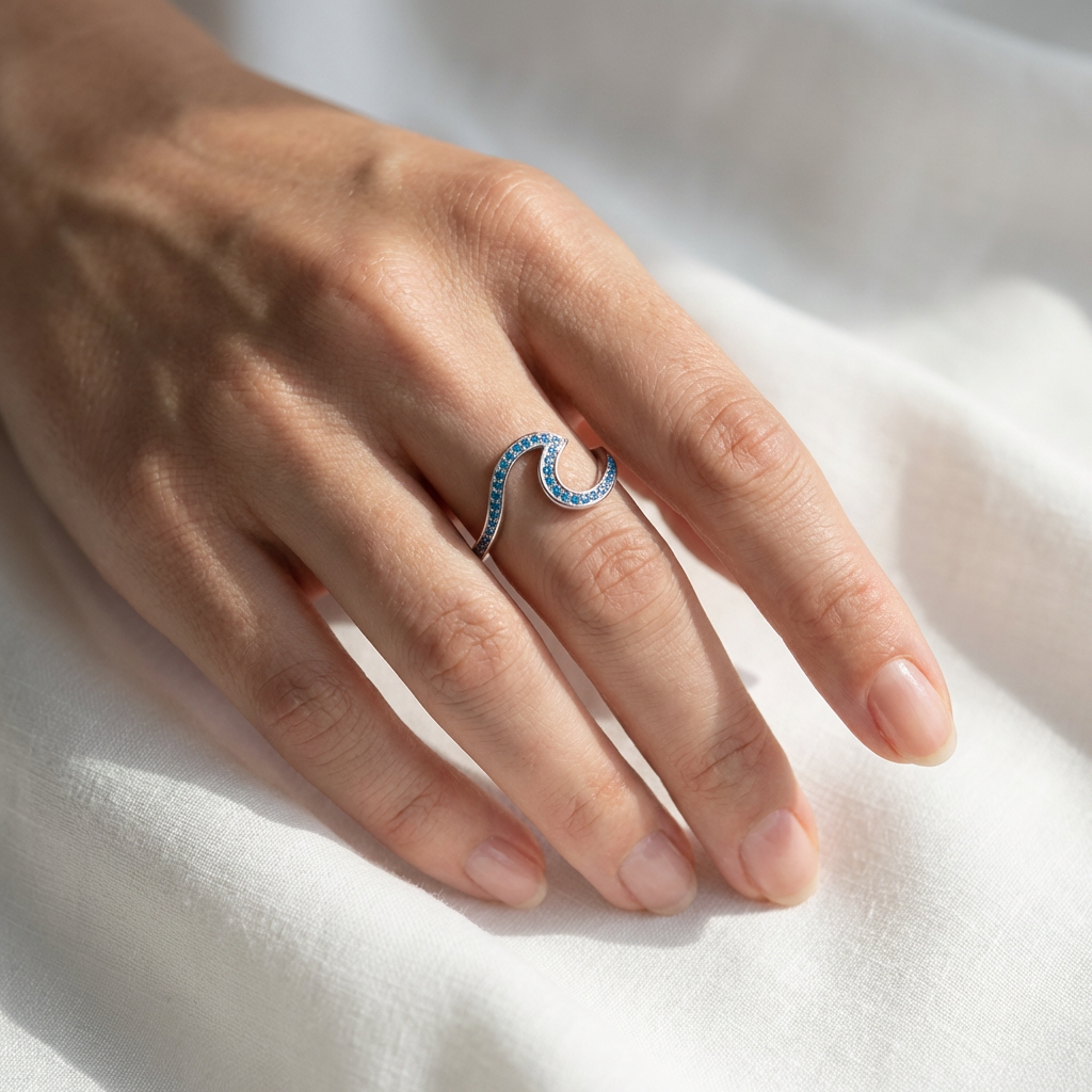 Ocean Wave Band with Swiss Blue Topaz - 925 Sterling Silver