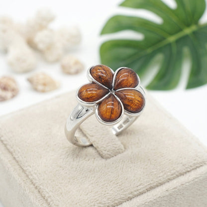 Hawaiian Koa Wood Plumeria Flower Ring Band - 925 Sterling Silver