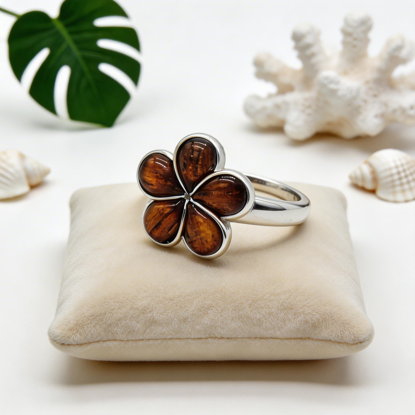 925 Sterling Silver Natural Hawaiian Koa Wood Plumeria Flower Band Ring