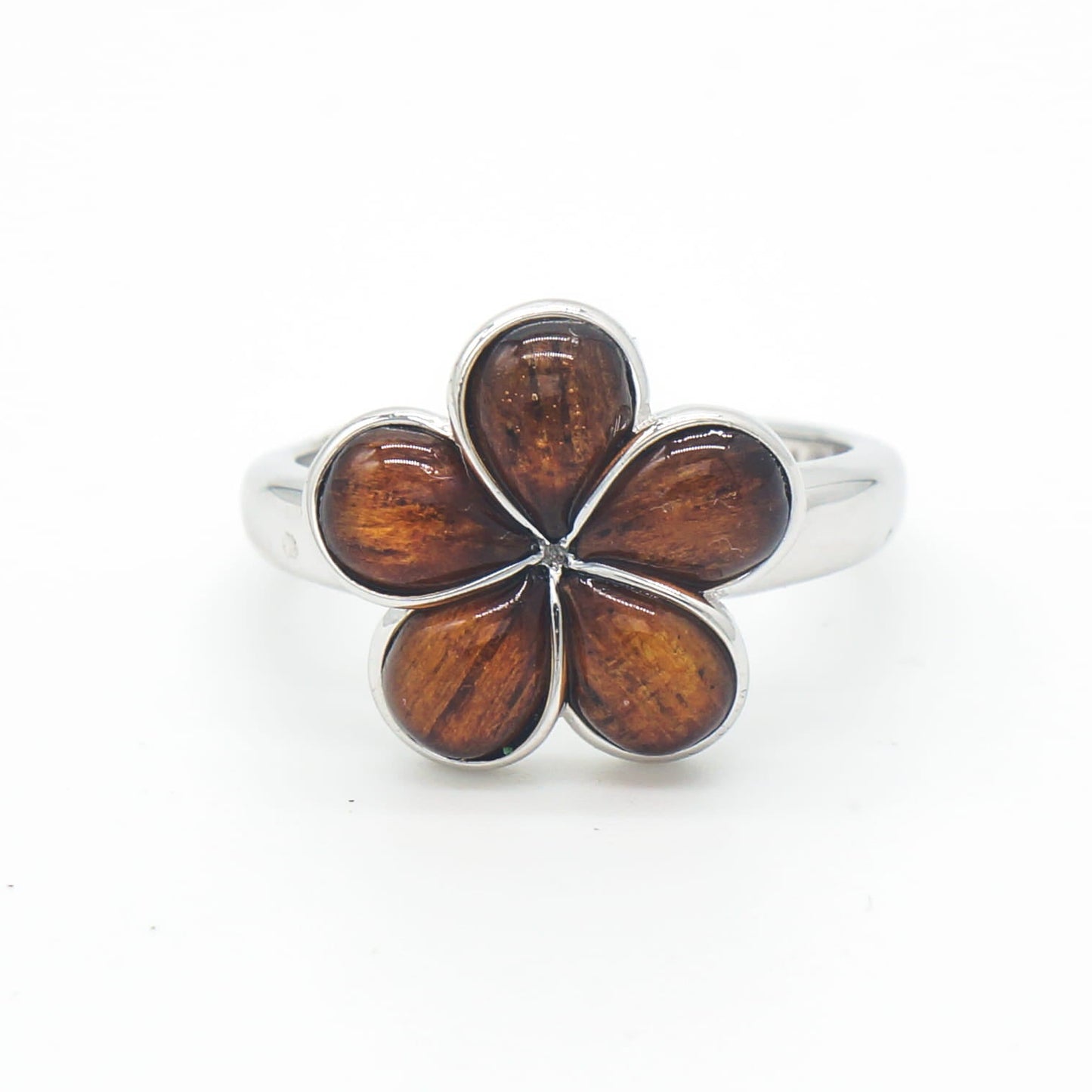 925 Sterling Silver Natural Hawaiian Koa Wood Plumeria Flower Band Ring