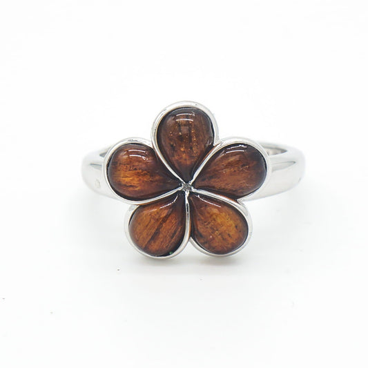 925 Sterling Silver Natural Hawaiian Koa Wood Plumeria Flower Band Ring