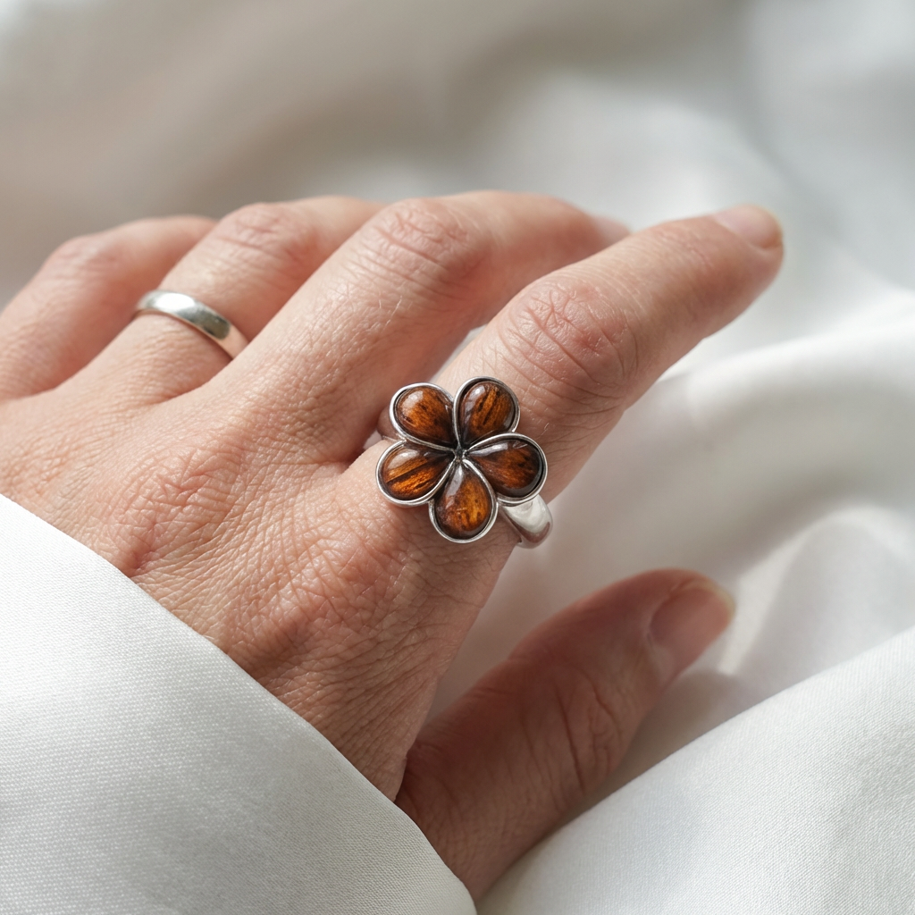 925 Sterling Silver Natural Hawaiian Koa Wood Plumeria Flower Band Ring