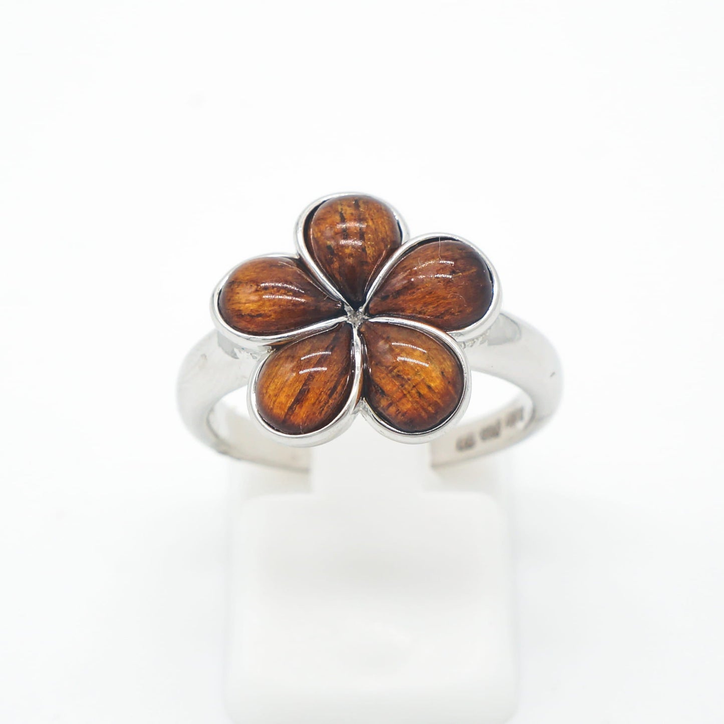 925 Sterling Silver Natural Hawaiian Koa Wood Plumeria Flower Band Ring