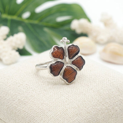 Hawaiian Koa Wood Hibiscus Flower Ring - 925 Sterling Silver