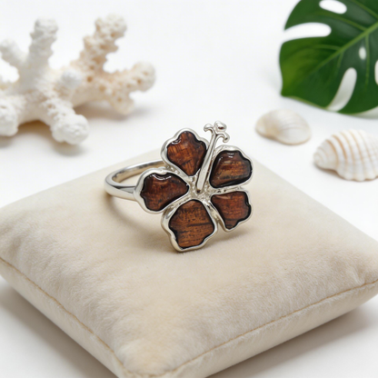 925 Sterling Silver Natural Hawaiian Koa Wood HIbiscus Flower Band Ring