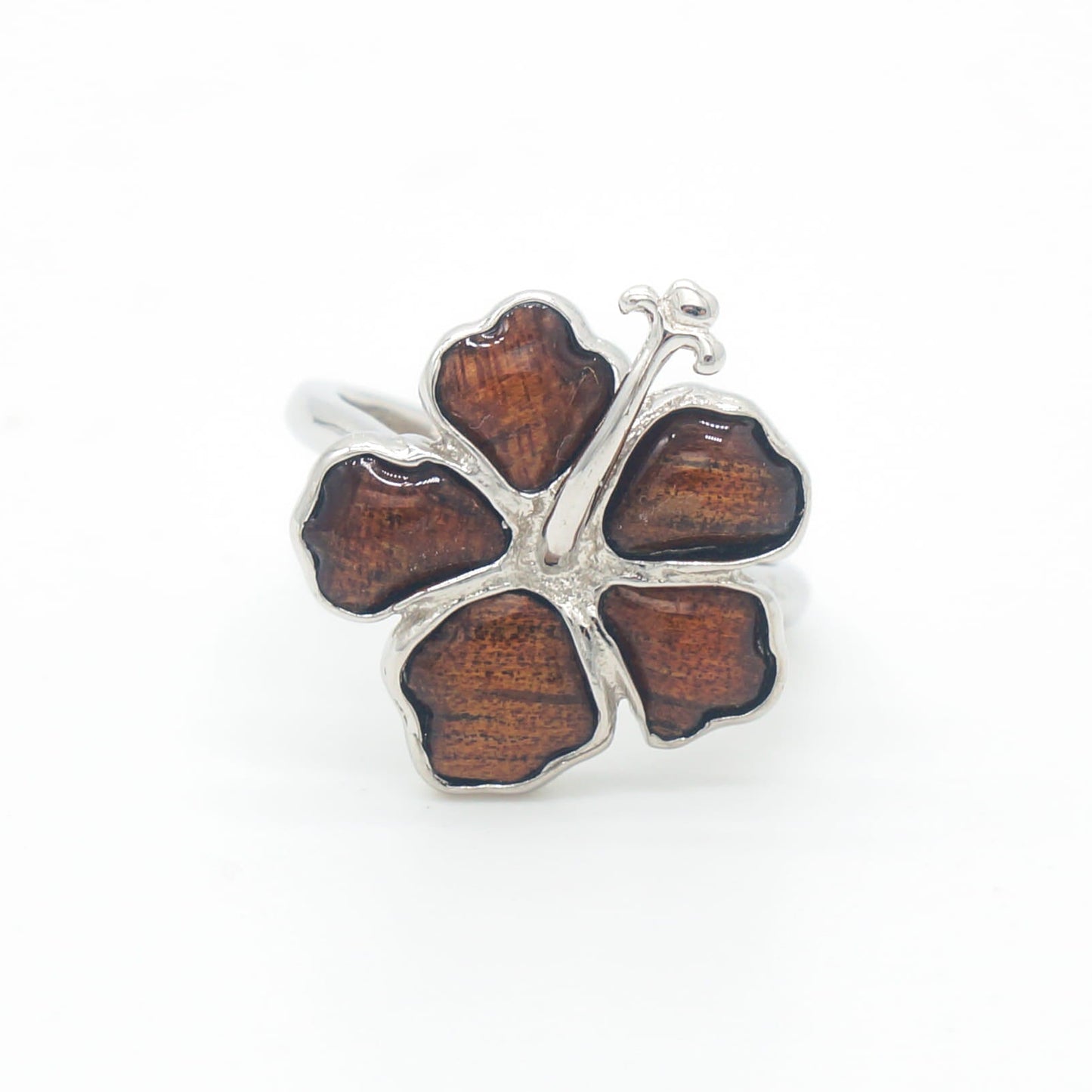 925 Sterling Silver Natural Hawaiian Koa Wood HIbiscus Flower Band Ring