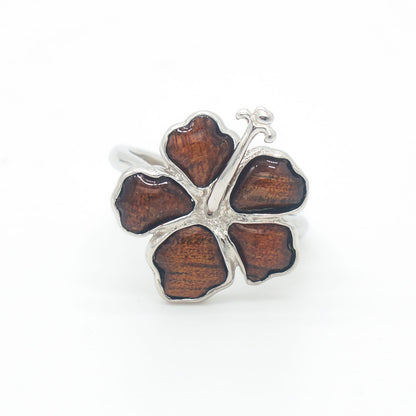 925 Sterling Silver Natural Hawaiian Koa Wood HIbiscus Flower Band Ring