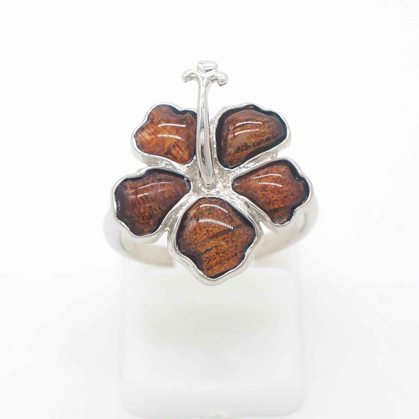 925 Sterling Silver Natural Hawaiian Koa Wood HIbiscus Flower Band Ring