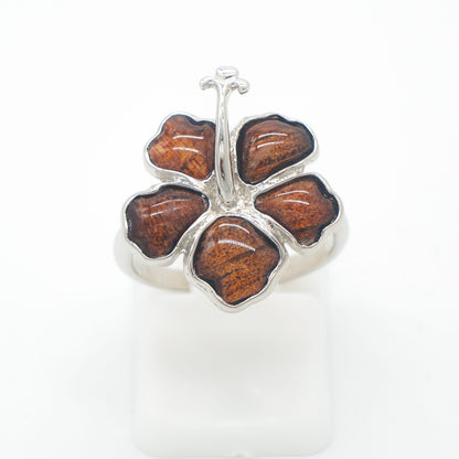 925 Sterling Silver Natural Hawaiian Koa Wood HIbiscus Flower Band Ring
