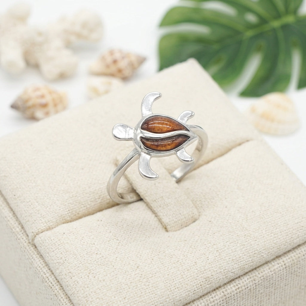 Hawaiian Koa Wood Sea Turtle Honu Ring - 925 Sterling Silver
