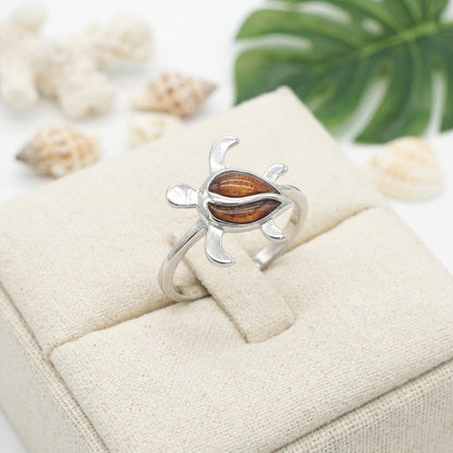 Hawaiian Koa Wood Sea Turtle Honu Ring - 925 Sterling Silver
