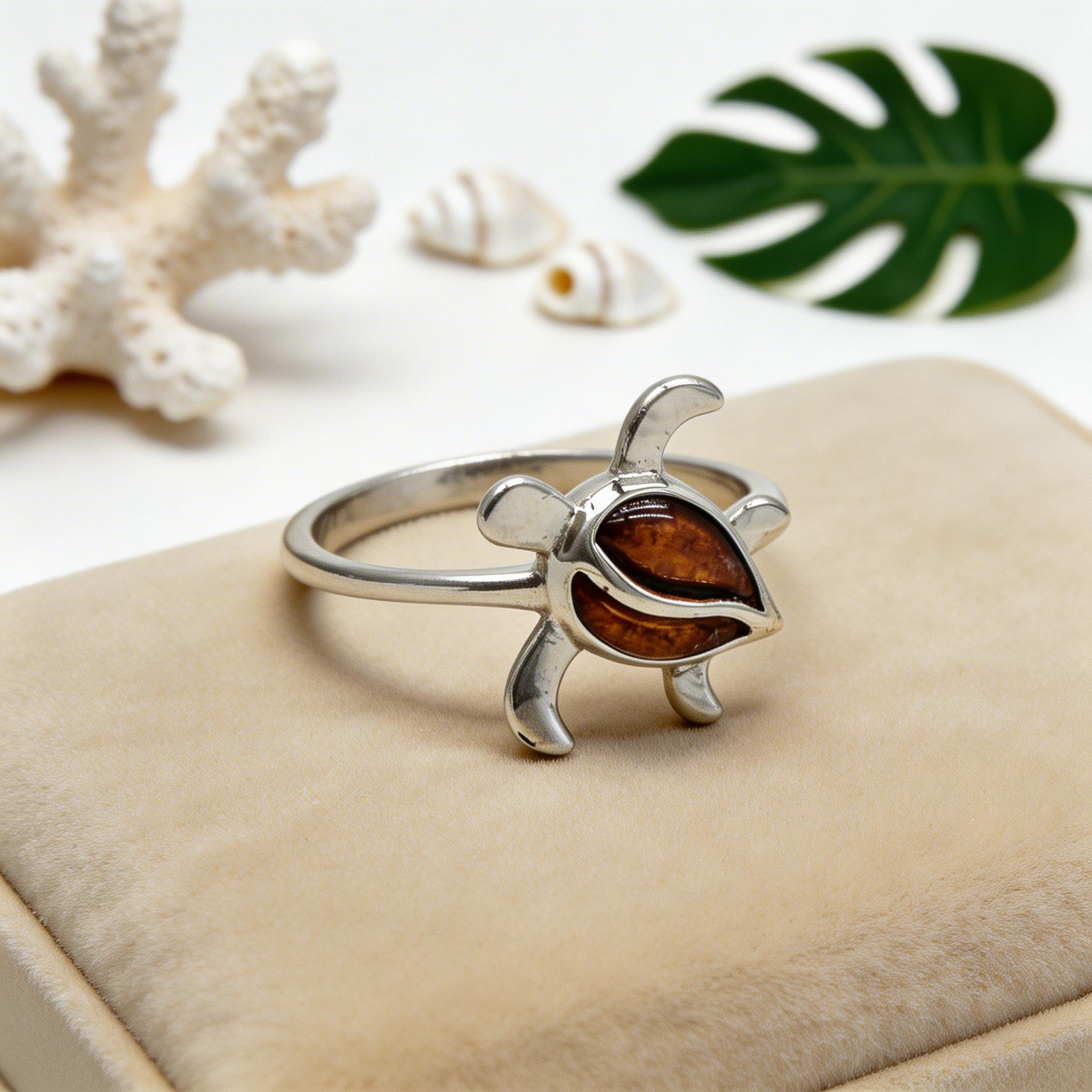 925 Sterling Silver Natural Hawaiian Koa Wood Ocean Sea Turtle Band Ring