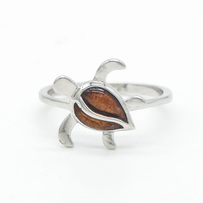 925 Sterling Silver Natural Hawaiian Koa Wood Ocean Sea Turtle Band Ring
