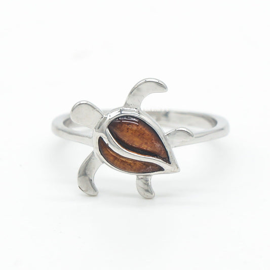 925 Sterling Silver Natural Hawaiian Koa Wood Ocean Sea Turtle Band Ring