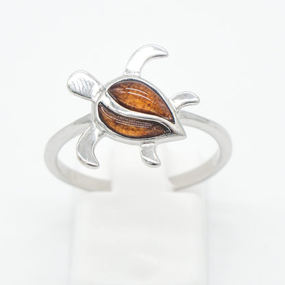 925 Sterling Silver Natural Hawaiian Koa Wood Ocean Sea Turtle Band Ring
