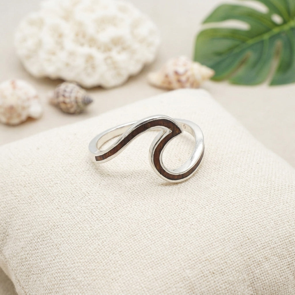 Hawaiian Koa Wood Ocean Wave Ring - 925 Sterling Silver