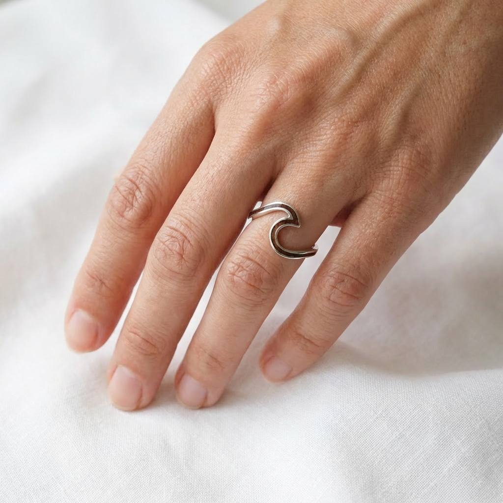 925 Sterling Silver Natural Hawaiian Koa Wood Ocean Wave Band Ring