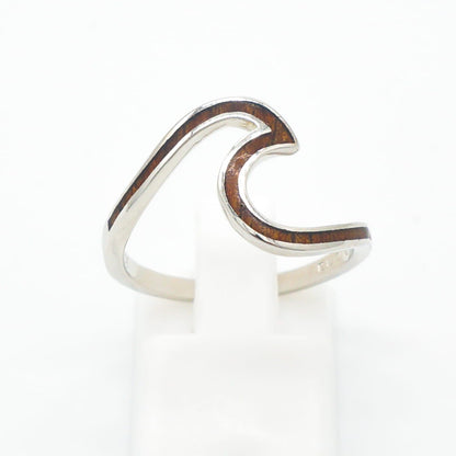 925 Sterling Silver Natural Hawaiian Koa Wood Ocean Wave Band Ring