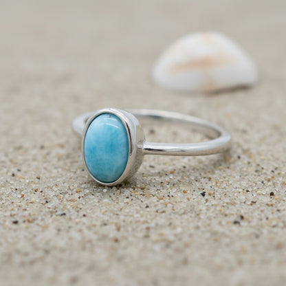 Oval Larimar Stone Bezel Cabochon Ring - 925 Sterling Silver