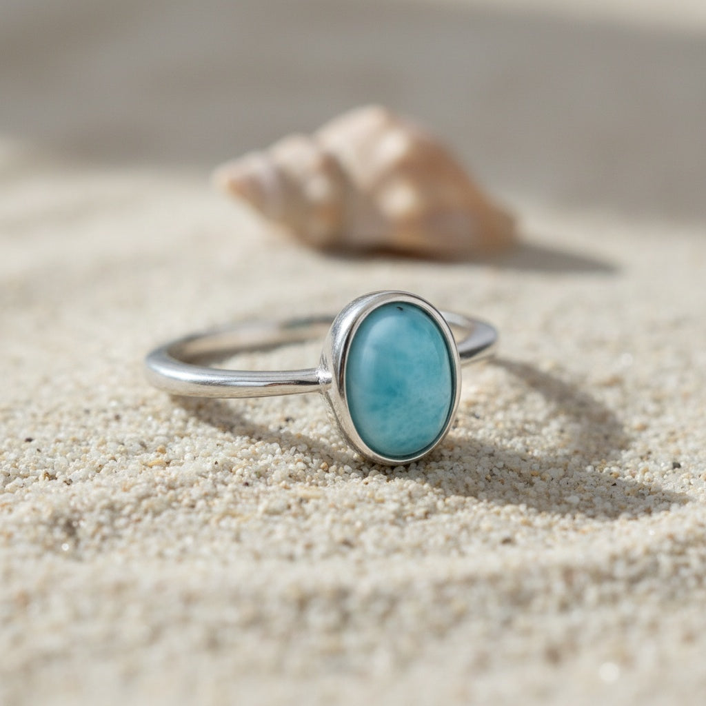 Oval Larimar Stone Bezel Cabochon Ring - 925 Sterling Silver