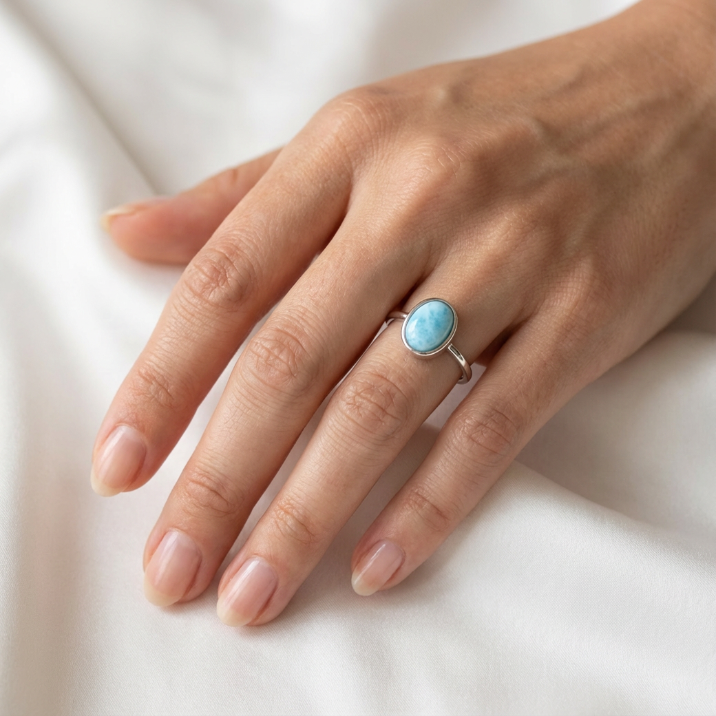 Oval Larimar Stone Bezel Cabochon Ring - 925 Sterling Silver