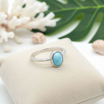 Oval Larimar Stone Bezel Cabochon Ring - 925 Sterling Silver