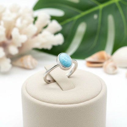 Oval Larimar Stone Bezel Cabochon Ring - 925 Sterling Silver