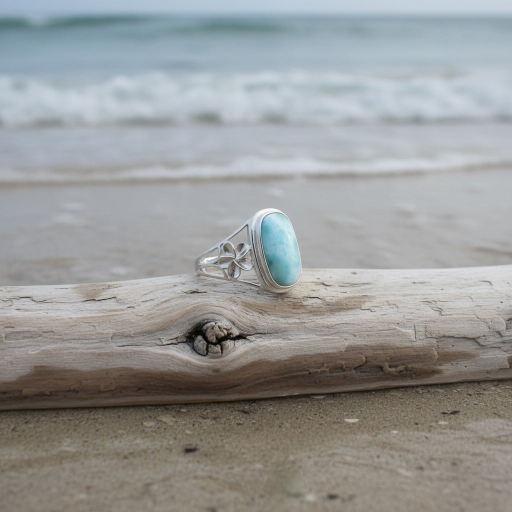 Oval Larimar Stone Plumeria Bezel Ring - 925 Sterling Silver