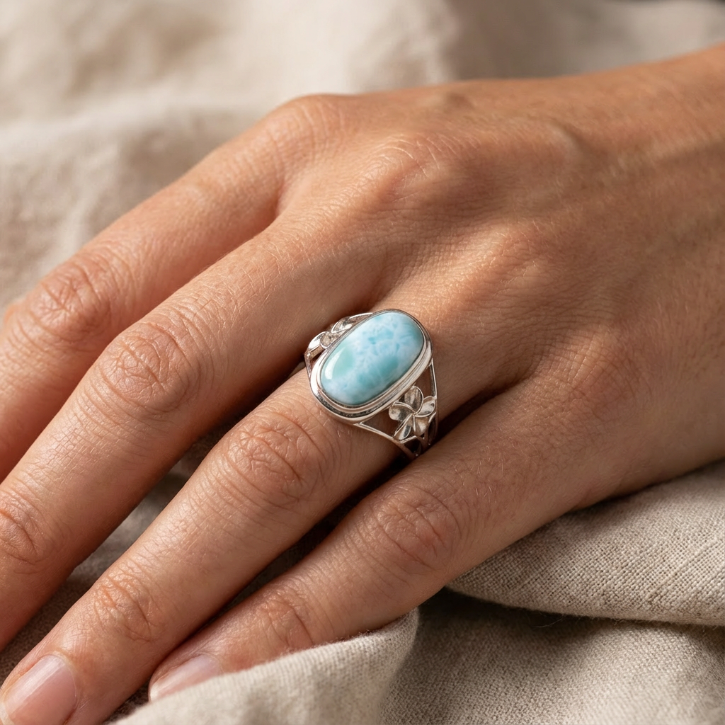 Oval Larimar Stone Plumeria Bezel Ring - 925 Sterling Silver