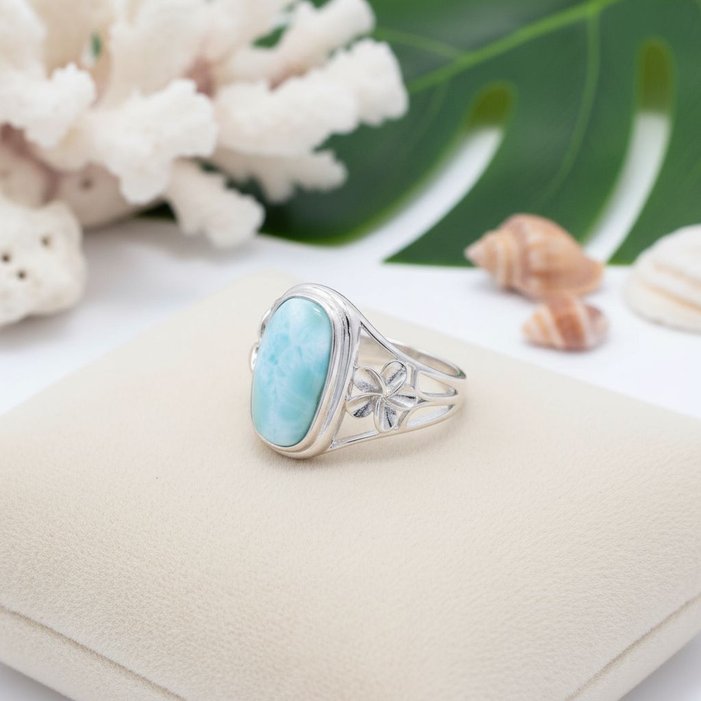 Oval Larimar Stone Plumeria Bezel Ring - 925 Sterling Silver