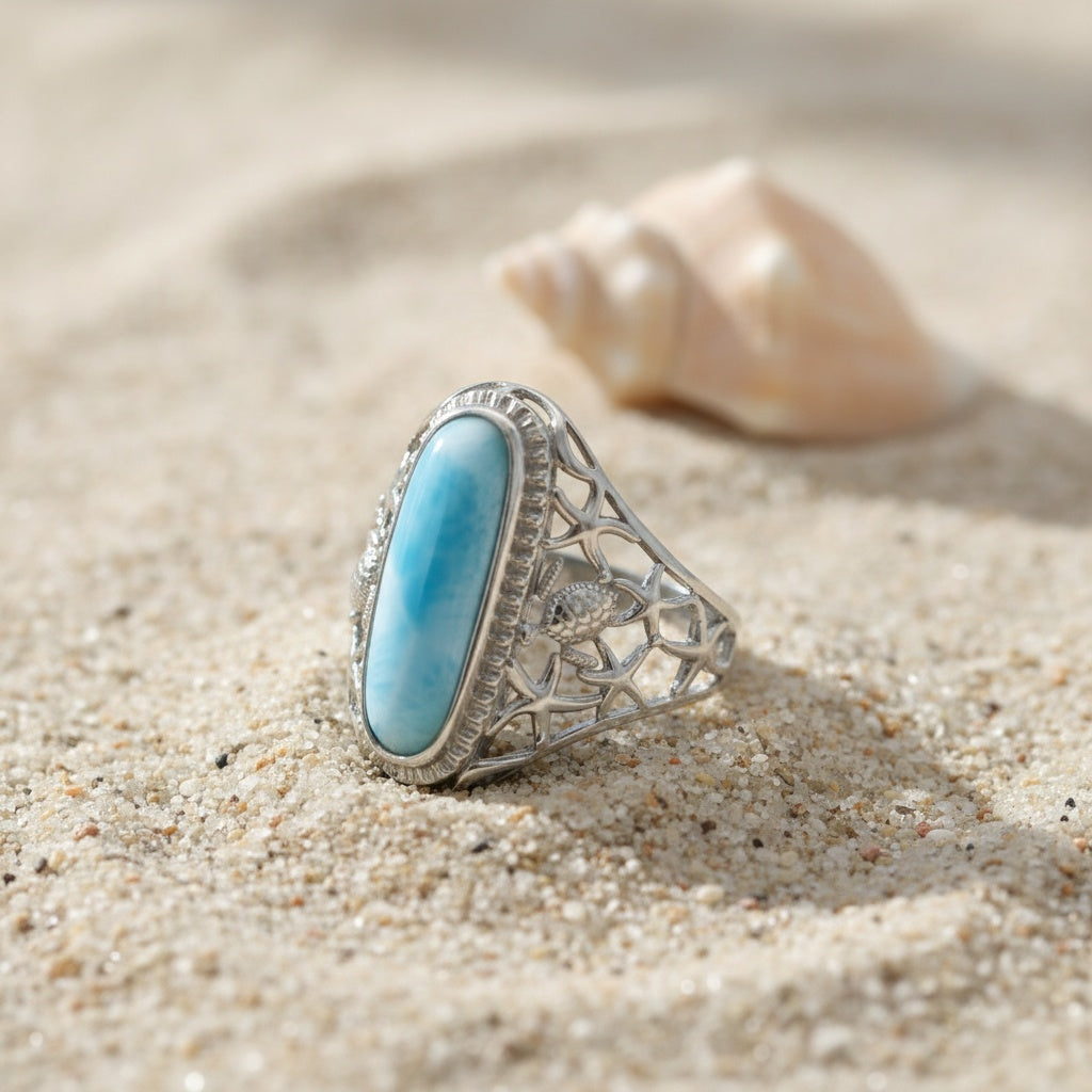 Oval Larimar Stone Sea Life Statement Ring - 925 Sterling Silver