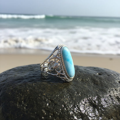 Oval Larimar Stone Sea Life Statement Ring - 925 Sterling Silver