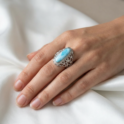 Oval Larimar Stone Sea Life Statement Ring - 925 Sterling Silver